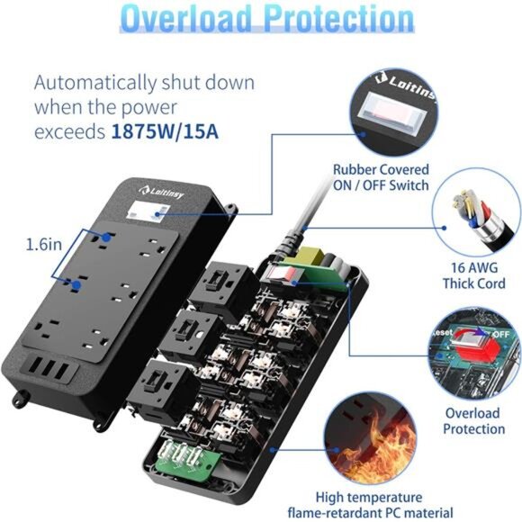 Outdoor Power Strip Weatherproof, 6 Outlets Waterproof Surge Protector with 3 - Picture 5 of 7